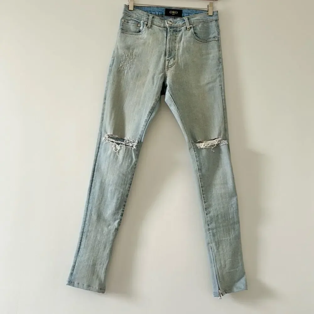 Oro Los Angeles Mecanico Skinny Jeans Distressed Zip Hem Men’s 28x32